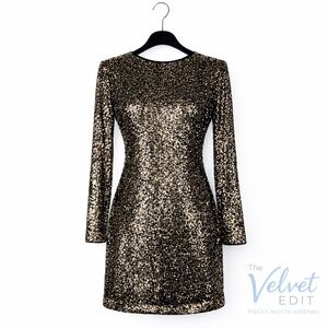 Maia Gold & Black Sequin Long Sleeve Cocktail Dress — Size 4